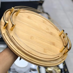 طقم صوانيوجه خشب بامبو مدور جوانب حيف اكريليك وايدي ذهبي قطعتين